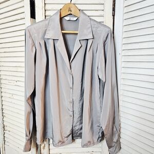 Vintage 80s Silver Grey Pleated Blouse Small/Medium